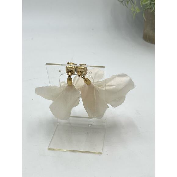 Gold Tone Ivory Fabric Tulip Drop Rhinestone Dangle Flowing Earrings - Picture 7 of 10